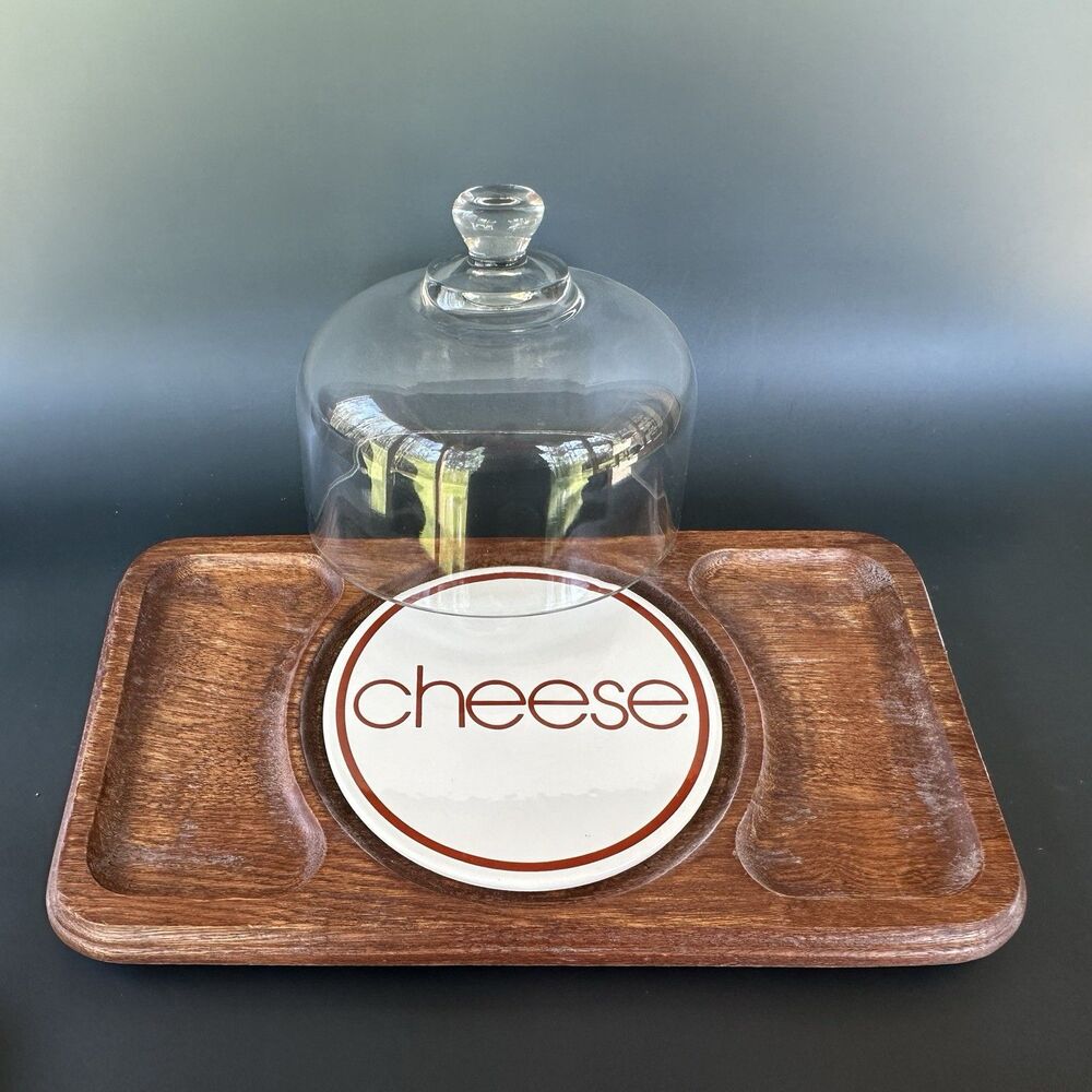 Vintage Wooden Cheese Tray w/ Glass Cloche Dome - Made in Japan